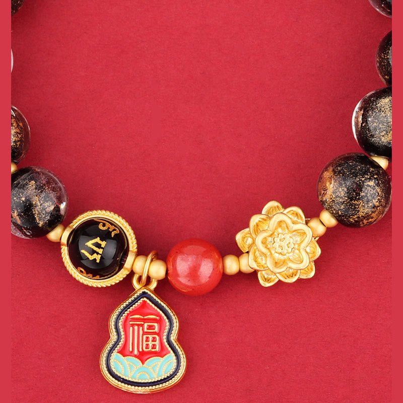 Bracelet porte-bonheur en perles de verre avec breloque en forme de gourde et de lotus Liuli, Buddha Stones tibétaines Om Mani Padme Hum Fu
