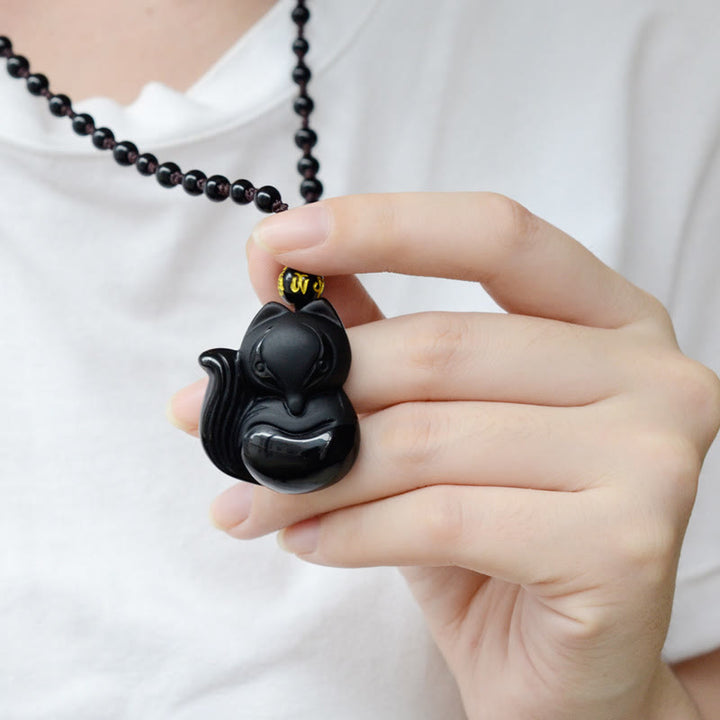 Buddha Stones Collier Amulette pendentif Renard en Obsidienne noire naturelle Oeil de tigre Obsidienne glacée