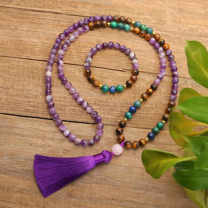 Ensemble Mala Purificateur Bracelet Améthyste Tibétain Buddha Stones