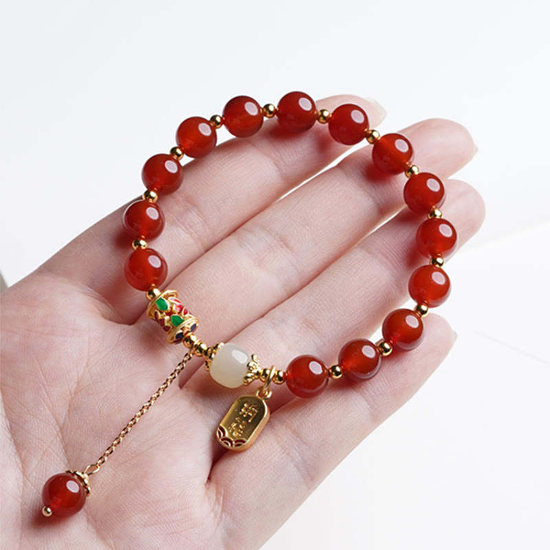 Bracelet à breloques en jade Hetian rouge naturel avec Buddha Stones et caractère Fu