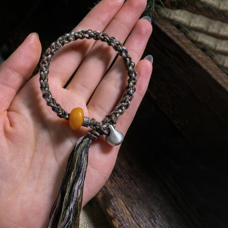 Bracelet de protection des souhaits en argent sterling 990 tibétain fait à la main avec poids en acier et ambre