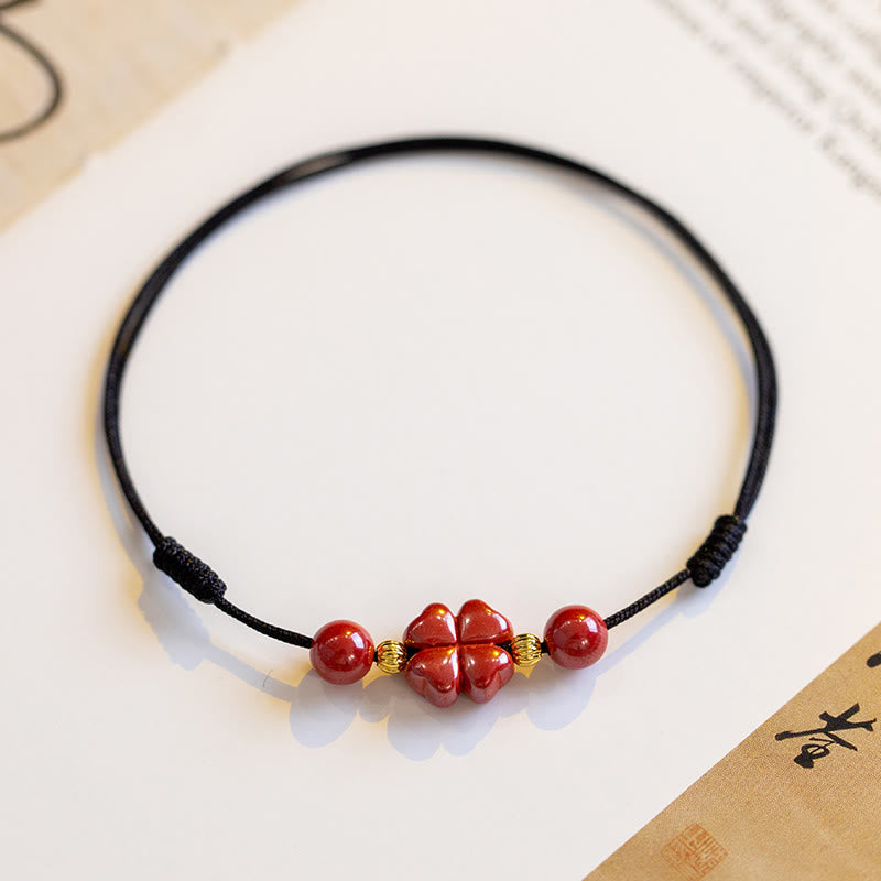 Bracelet de cheville en corde calme Buddha Stones à quatre feuilles et bénédiction en cinabre