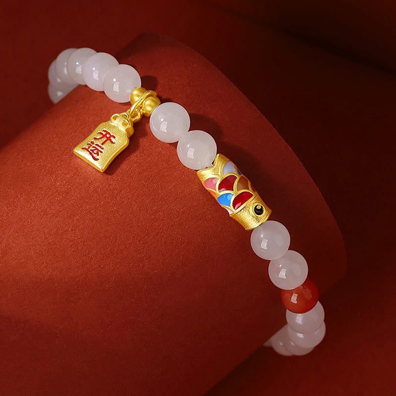 Bracelet porte-bonheur en argent sterling 925 Buddha Stones et jade blanc Hetian, agate rouge, poisson koï