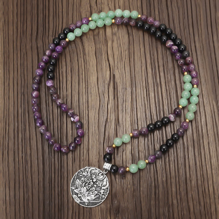 Bracelet de méditation Lotus en aventurine verte et améthyste avec 108 perles de Mala Buddha Stones