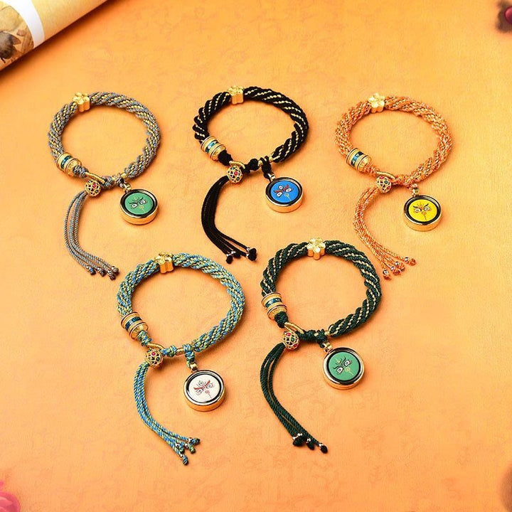 Bracelet en corde tissée avec breloque en forme de fleur et roue de prière en Buddha Stones faites à la main avec cinq dieux de la richesse et de la chance