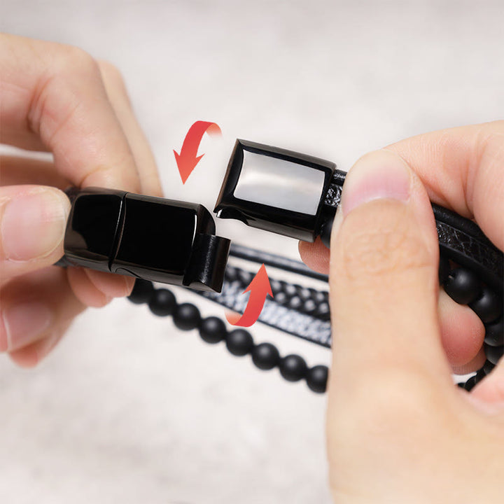 Bracelet en cuir avec perles en pierre de lave naturelle et onyx noir Buddha Stones