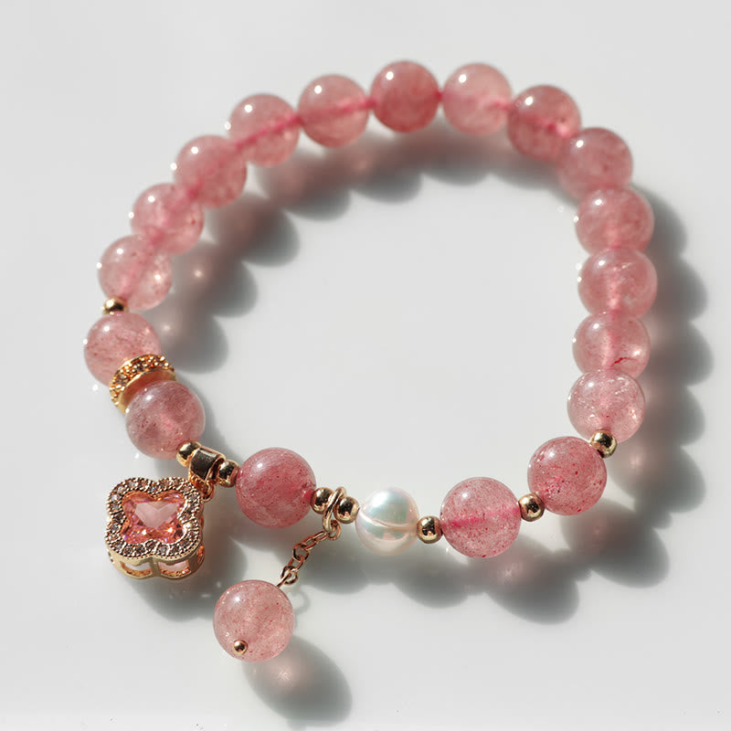 Bracelet de guérison à breloques en trèfle à quatre feuilles avec perles de quartz fraise et Buddha Stones