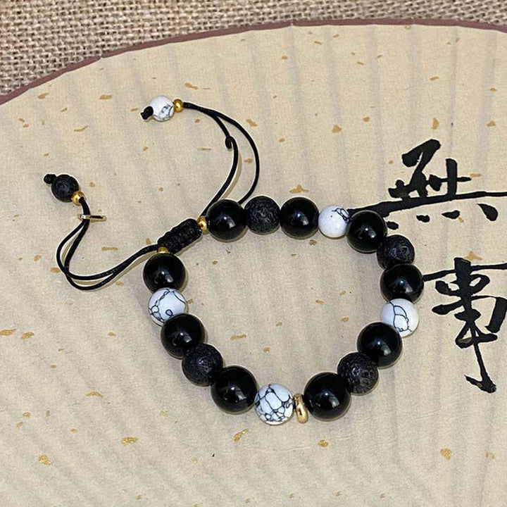 Bracelet de force Yin Yang en pierre de lave en obsidienne noire Buddha Stones