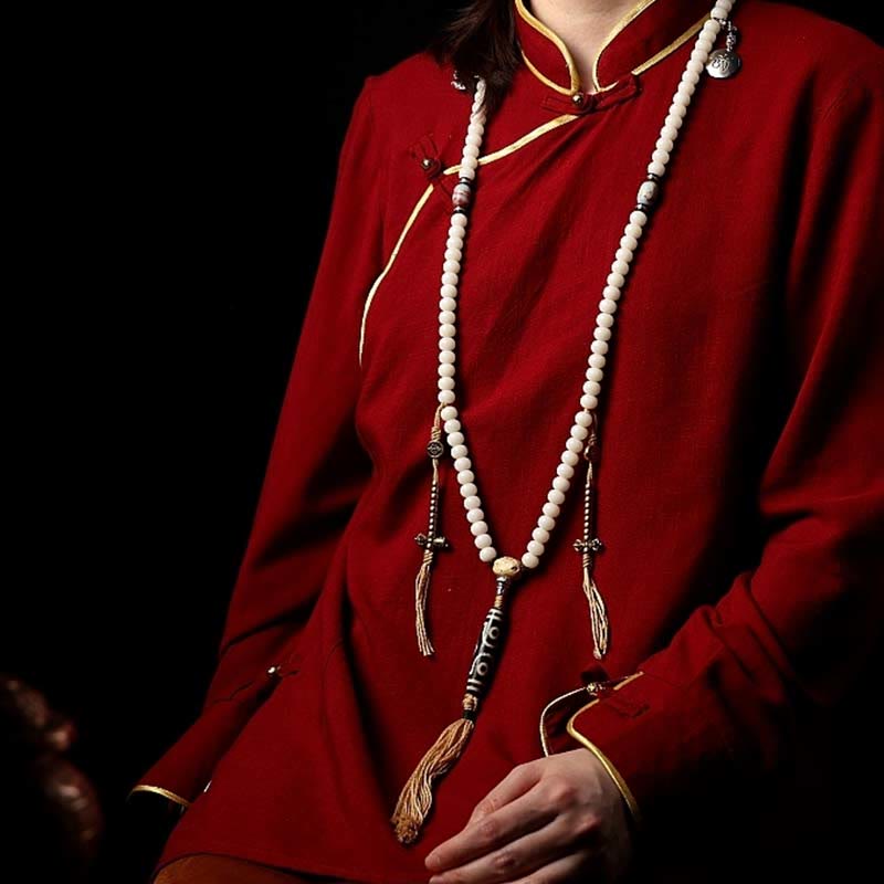 Bracelet de richesse en agate grise avec 108 perles de Mala en Buddha Stones du Tibet, graines de Bodhi, Bagua, Vajra, Dzi