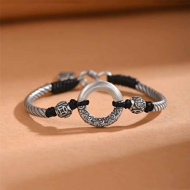 Bracelet de fortune en argent sterling 999 avec boucle de paix et personnage Fu en pièces de cuivre et pierres de Buddha Stones