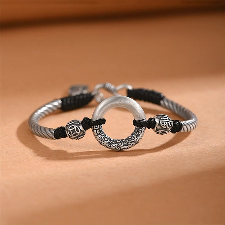 Bracelet de fortune en argent sterling 999 avec boucle de paix et personnage Fu en pièces de cuivre et pierres de Buddha Stones