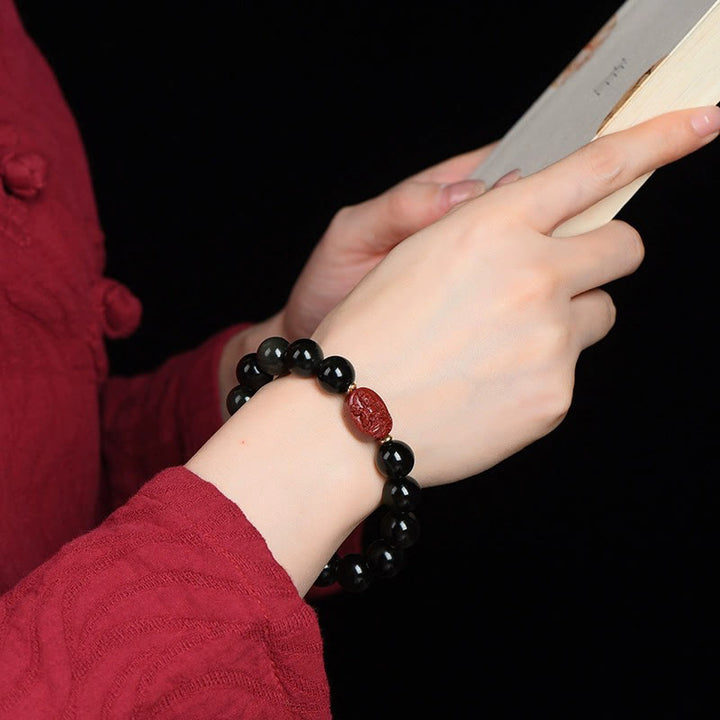 Bracelet de purification en obsidienne noire naturelle et cinabre avec Buddha Stones et zodiaque chinois