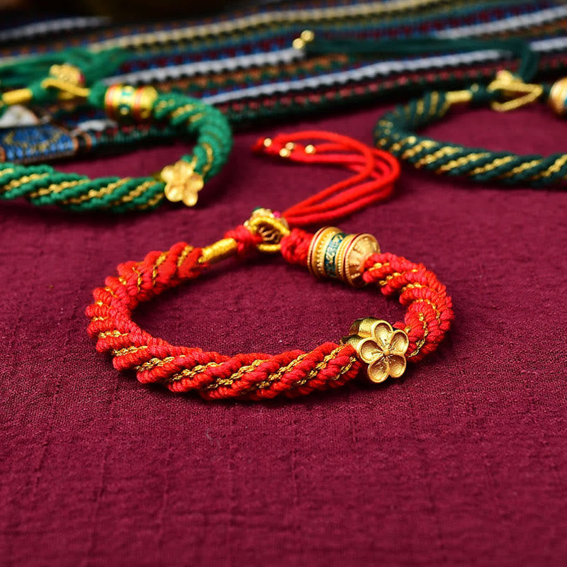 Bracelet en corde tissée avec breloque en forme de fleur et roue de prière en Buddha Stones faites à la main avec cinq dieux de la richesse et de la chance