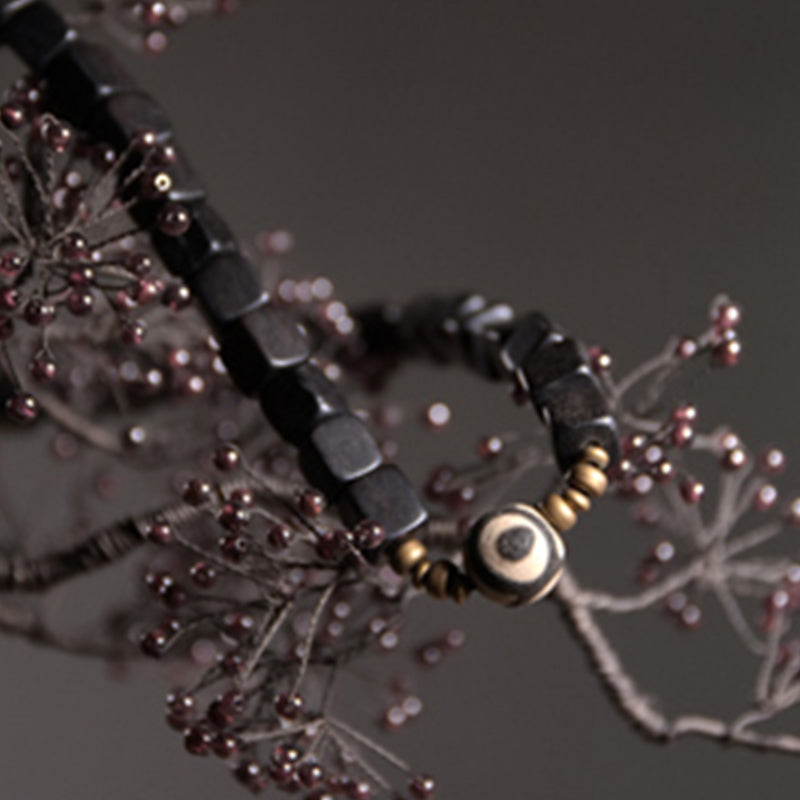 Bracelet couple paix en cuivre avec perles dzi en bois d'ébène