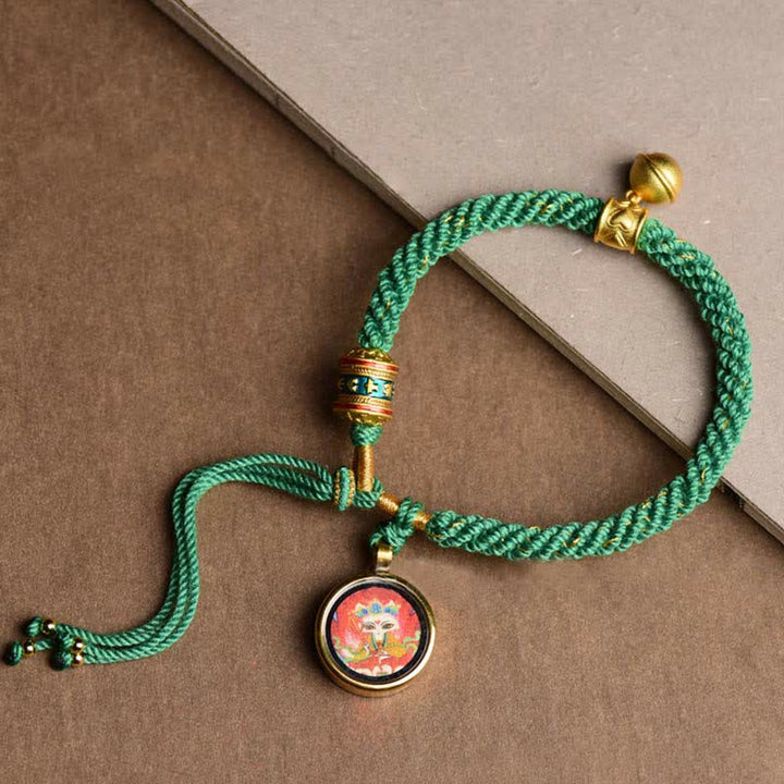 Bracelet tibétain en corde tressée avec Buddha Stones et cinq dieux de la richesse, Thangka, roue de prière, porte-bonheur et cloche