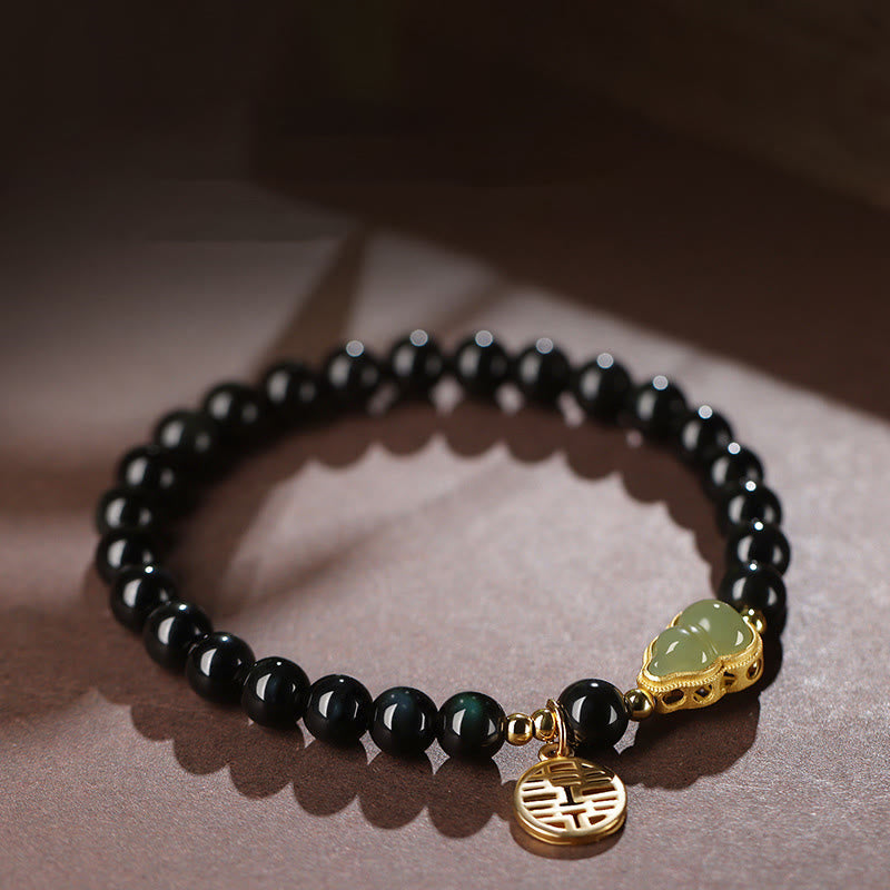 Bracelet de force double bonheur en obsidienne noire naturelle en jade Hetian