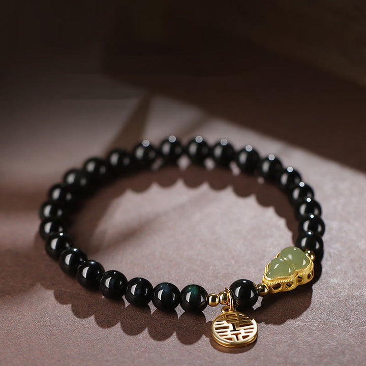 Bracelet de force double bonheur en obsidienne noire naturelle en jade Hetian