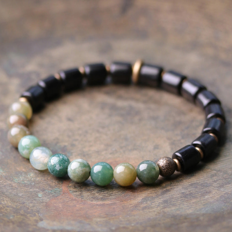 Bracelet couple paix Buddha Stones bois d'ébène jaspe rouge mousse agate cristal cuivre