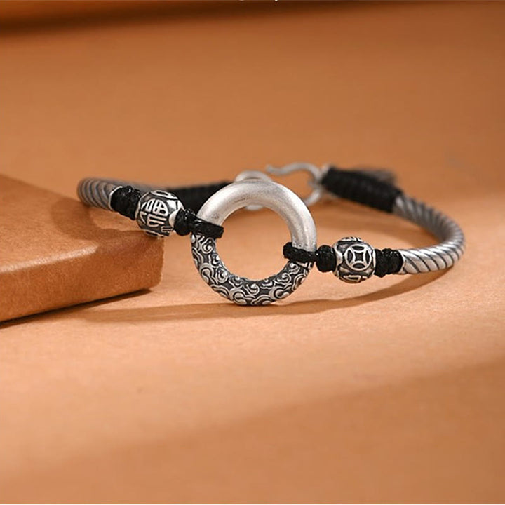 Bracelet de fortune en argent sterling 999 avec boucle de paix et personnage Fu en pièces de cuivre et pierres de Buddha Stones