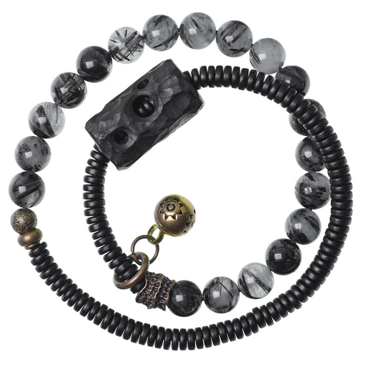 Bracelet couple sagesse en cuivre et bois d'ébène Buddha Stones et quartz rutile noir