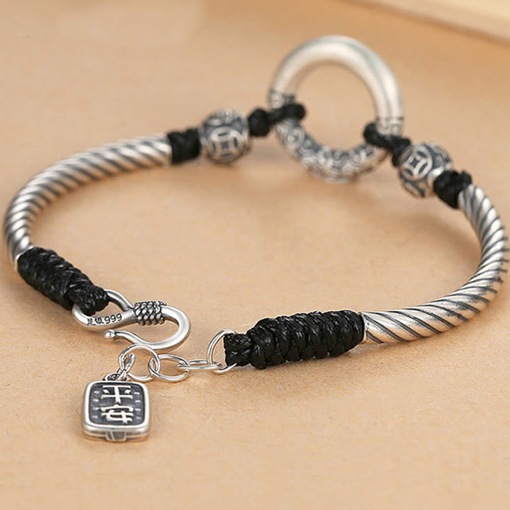 Bracelet de fortune en argent sterling 999 avec boucle de paix et personnage Fu en pièces de cuivre et pierres de Buddha Stones
