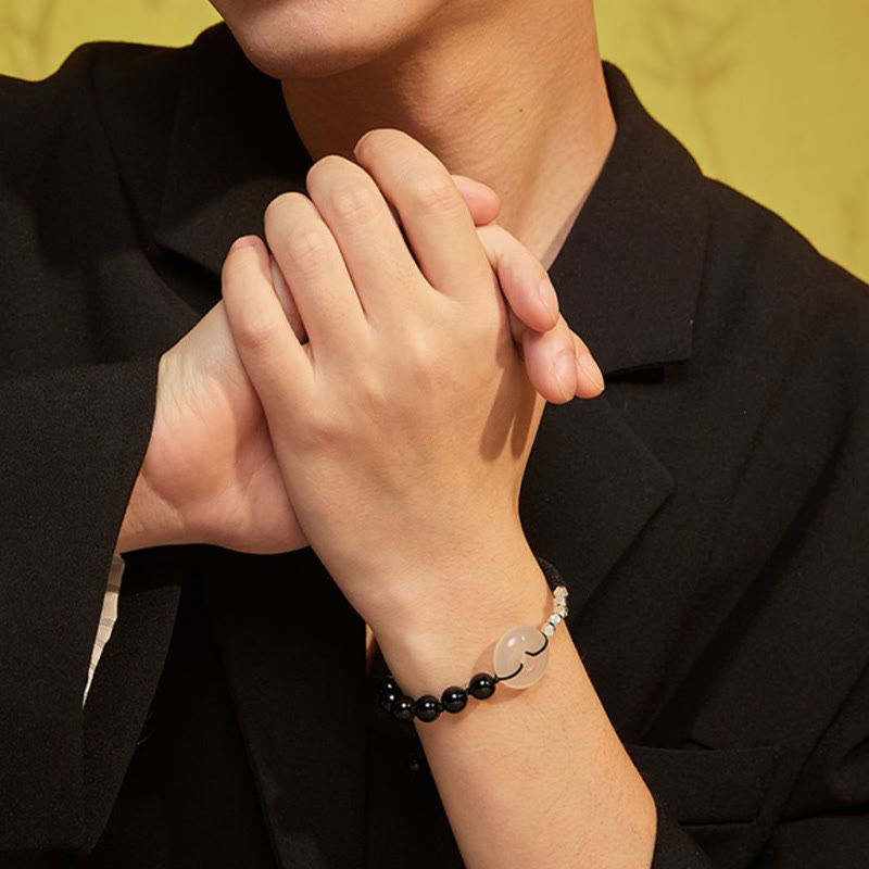 Bracelet de force en argent sterling 925 avec boucle de paix et agate obsidienne noire de Buddha Stones