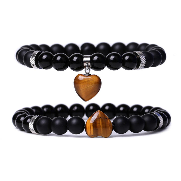 Bracelet de couple en pierre de cristal d'onyx noir Buddha Stones 2 pièces Protection du cœur d'amour