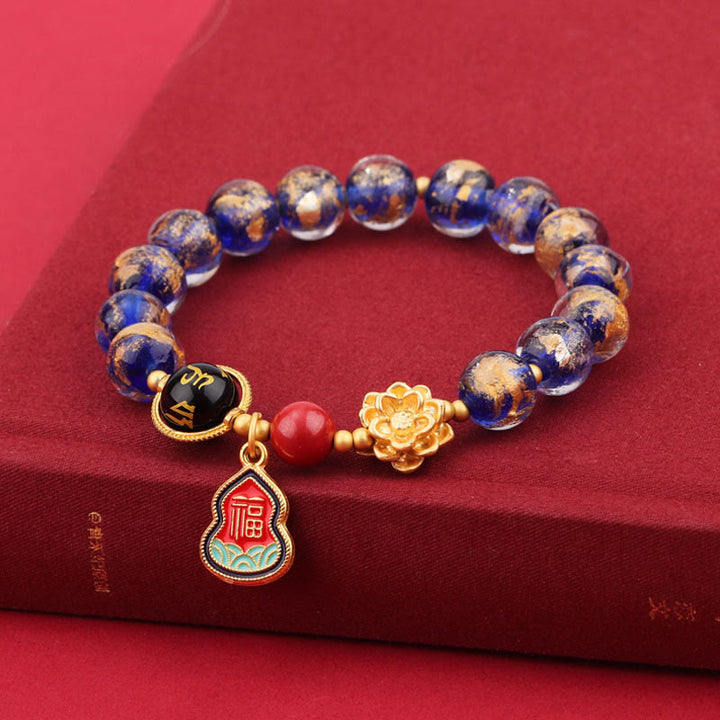 Bracelet porte-bonheur en perles de verre avec breloque en forme de gourde et de lotus Liuli, Buddha Stones tibétaines Om Mani Padme Hum Fu