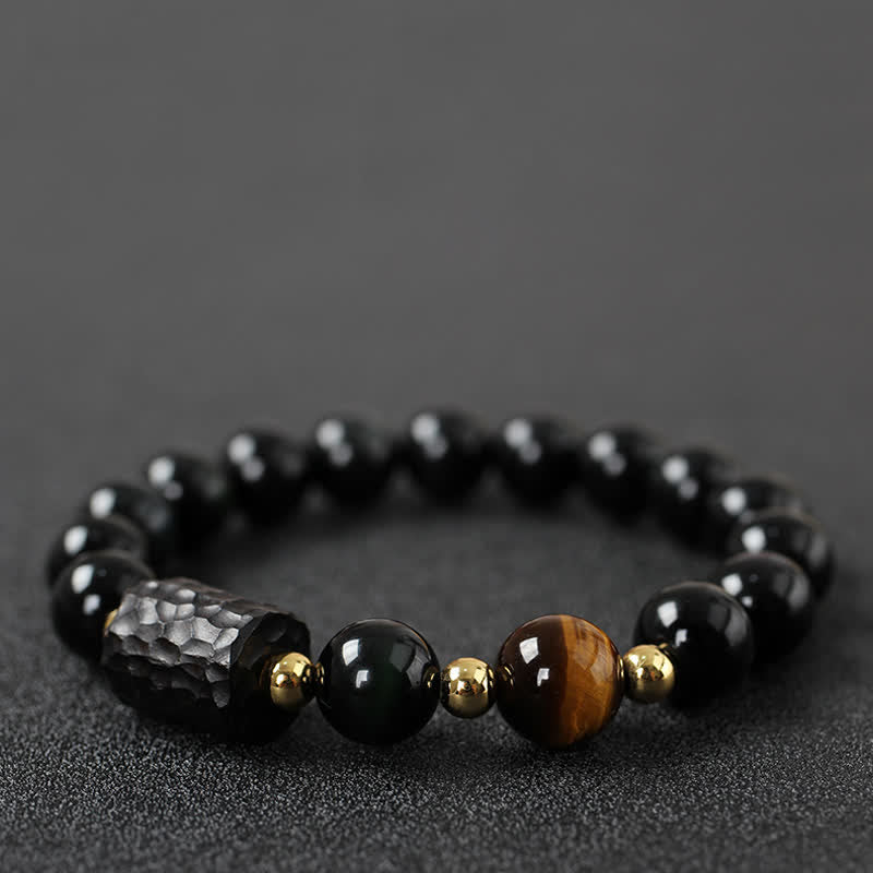 Bracelet de couple en obsidienne noire et bois d'ébène avec œil de tigre rouge