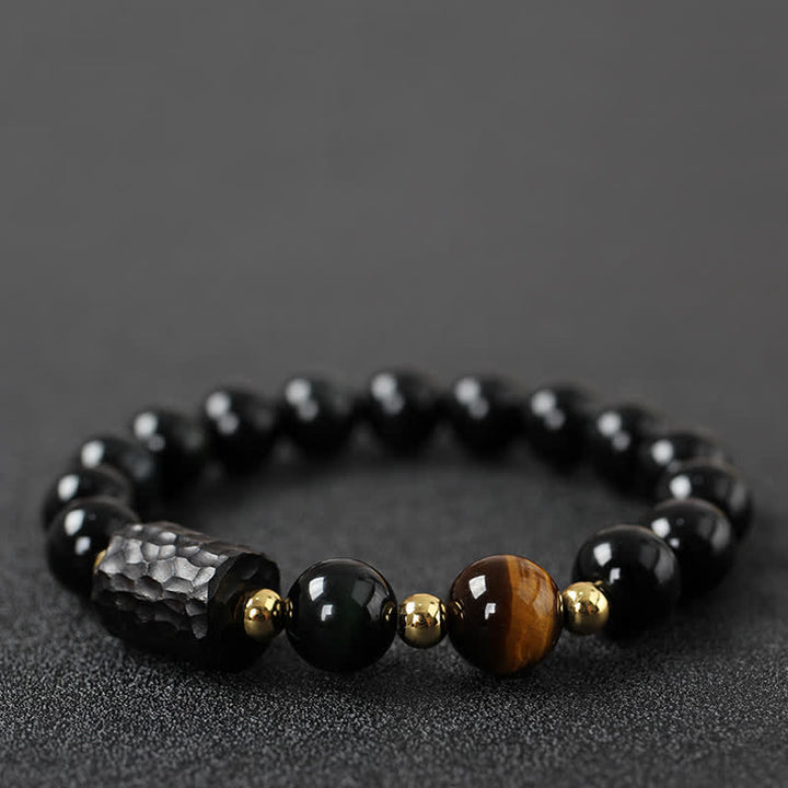 Bracelet de couple en obsidienne noire et bois d'ébène avec œil de tigre rouge