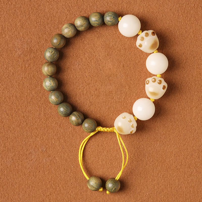 Bracelet de guérison en Buddha Stones de chat et pattes de chat en bois de santal vert naturel et graines de Bodhi - Bois de santal vert et graines de Bodhi (circonférence du poignet 14-15 cm) - image 1