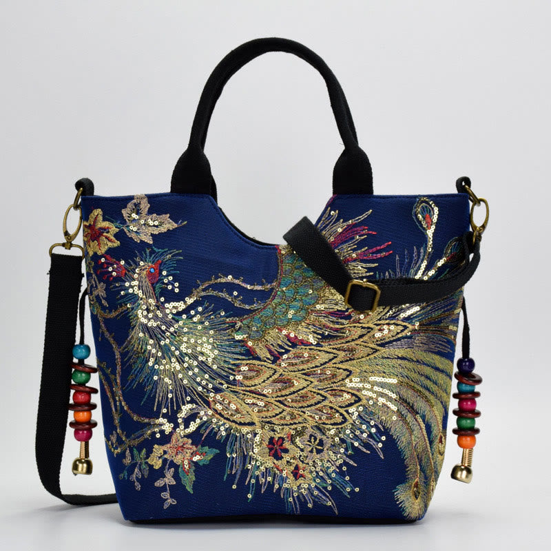 Sac fourre-tout brodé recto verso Buddha Stones Peacock Sac à bandoulière Sac à bandoulière