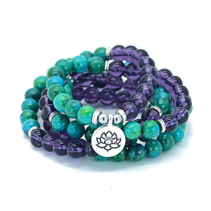 Bracelet à breloques Lotus spirituel en Buddha Stones Améthyste Aventurine verte