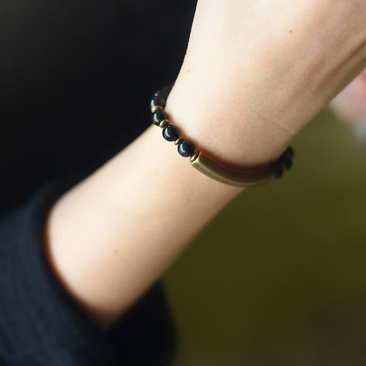 Bracelet couple paix en cuivre et cristal d'obsidienne noire en Buddha Stones Jaspe rouge Agate mousse