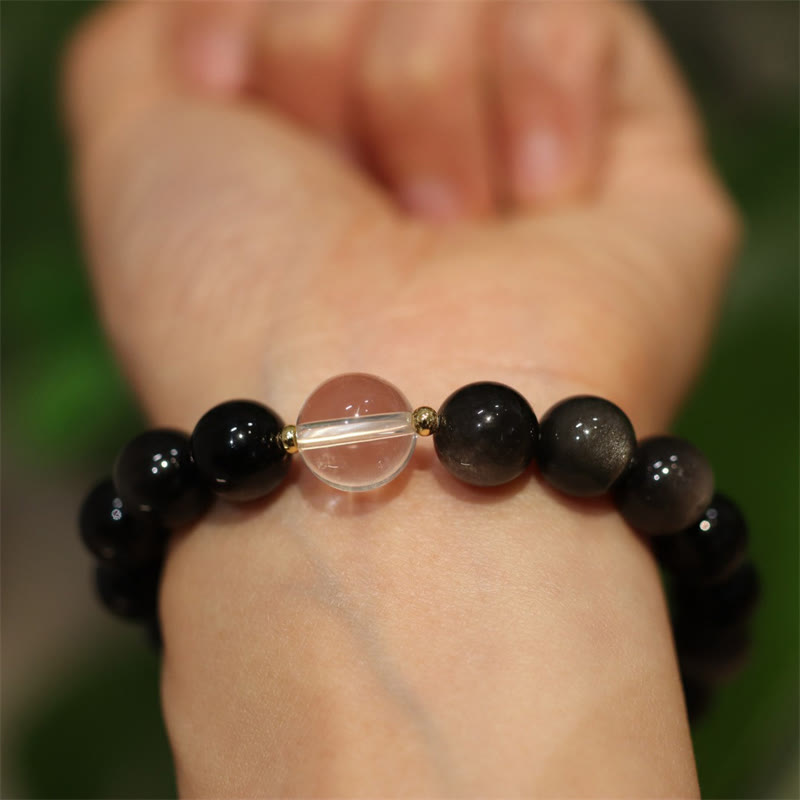 Bracelet de couple en obsidienne argentée naturelle avec cristal rose et cristal blanc, protection couleur Yin Yang