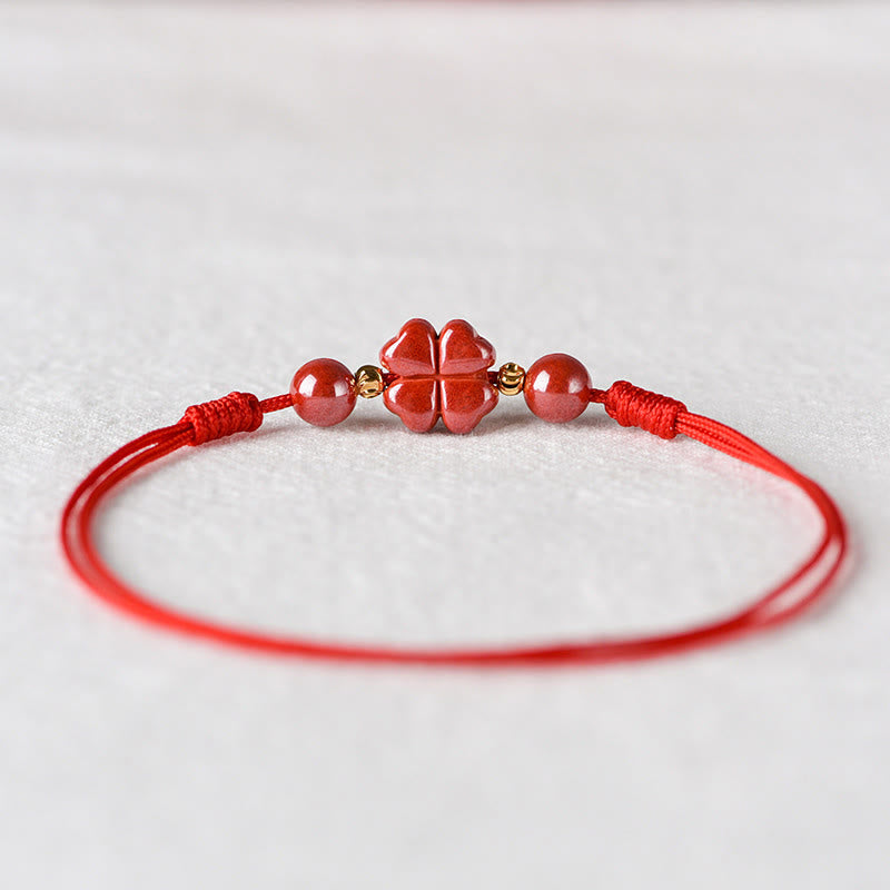 Bracelet de cheville en corde calme Buddha Stones à quatre feuilles et bénédiction en cinabre