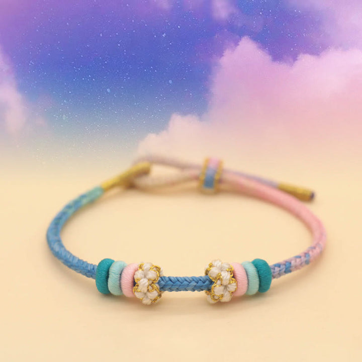 Bracelet tressé fait main en corde porte-bonheur avec nœud de paix à huit fils et nœud de fleur de pêcher en Buddha Stones - Étoiles (bleu rose) (tour de poignet 14-18 cm) - image 6
