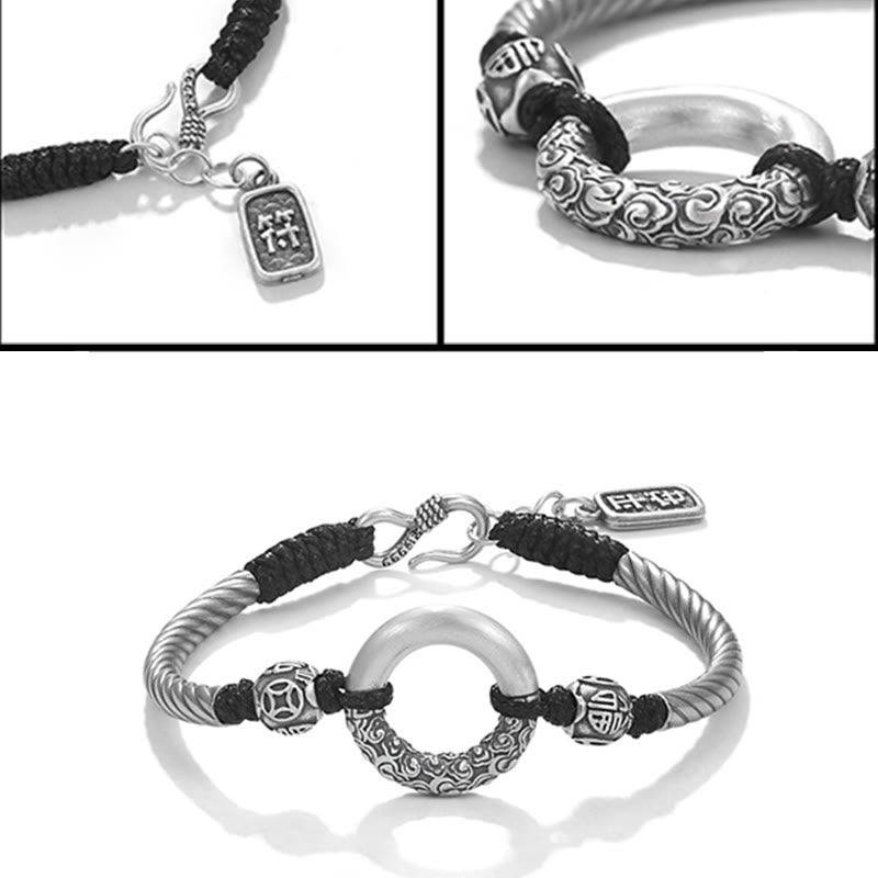 Bracelet de fortune en argent sterling 999 avec boucle de paix et personnage Fu en pièces de cuivre et pierres de Buddha Stones