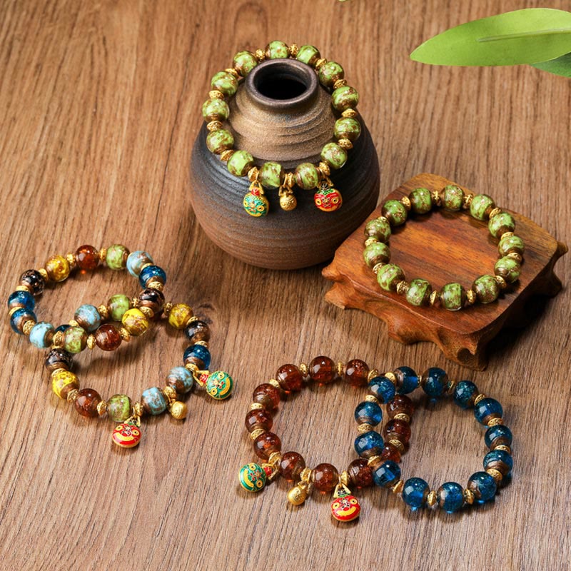 Bracelet porte-bonheur en perles de verre Liuli avec breloque de la famille des bêtes avaleuses en or et Buddha Stones