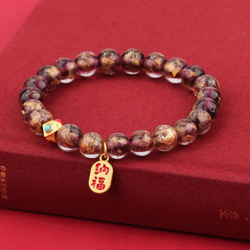 Bracelet porte-bonheur en perles de verre Liuli avec encens tibétain en Buddha Stones et personnage Fu