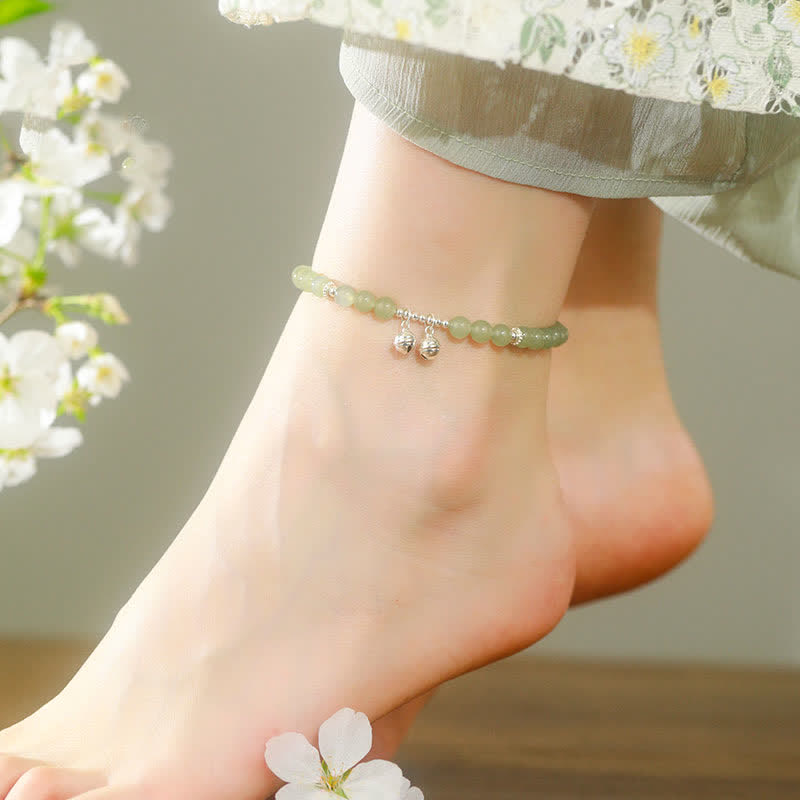 Bracelet de cheville en argent sterling 925 avec breloque en forme de cloche de prospérité en jade naturel Hetian