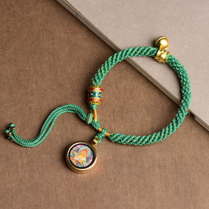 Bracelet tibétain en corde tressée avec Buddha Stones et cinq dieux de la richesse, Thangka, roue de prière, porte-bonheur et cloche