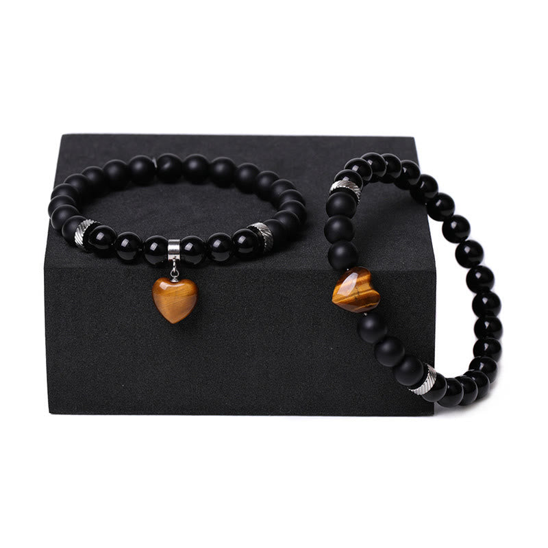 Bracelet de couple en pierre de cristal d'onyx noir Buddha Stones 2 pièces Protection du cœur d'amour