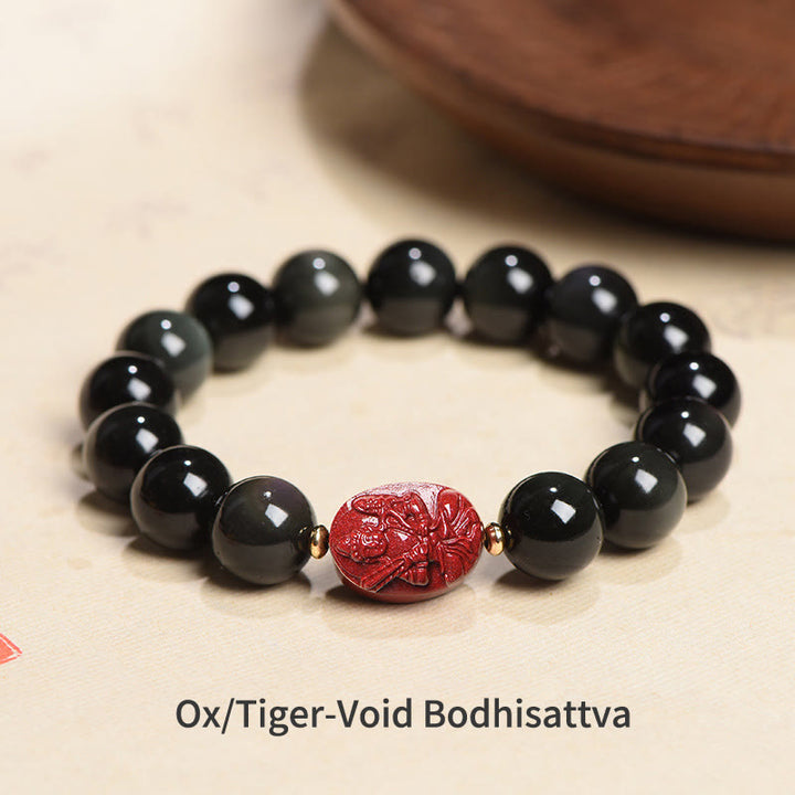 Bracelet de purification en obsidienne noire naturelle et cinabre avec Buddha Stones et zodiaque chinois