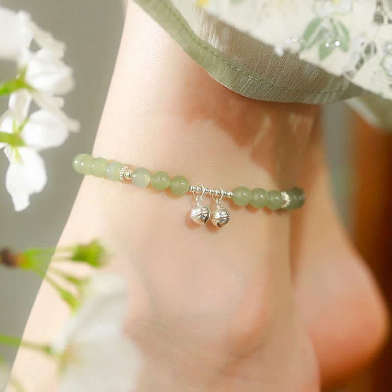 Bracelet de cheville en argent sterling 925 avec breloque en forme de cloche de prospérité en jade naturel Hetian