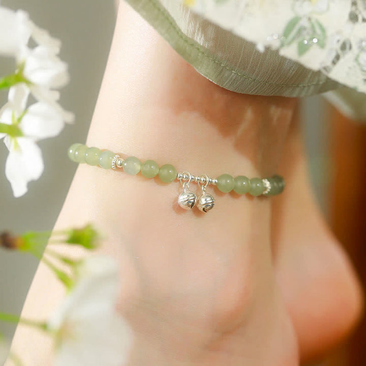 Bracelet de cheville en argent sterling 925 avec breloque en forme de cloche de prospérité en jade naturel Hetian