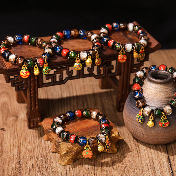 Bracelet porte-bonheur en perles de verre Liuli avec breloque de la famille des bêtes avaleuses en or et Buddha Stones