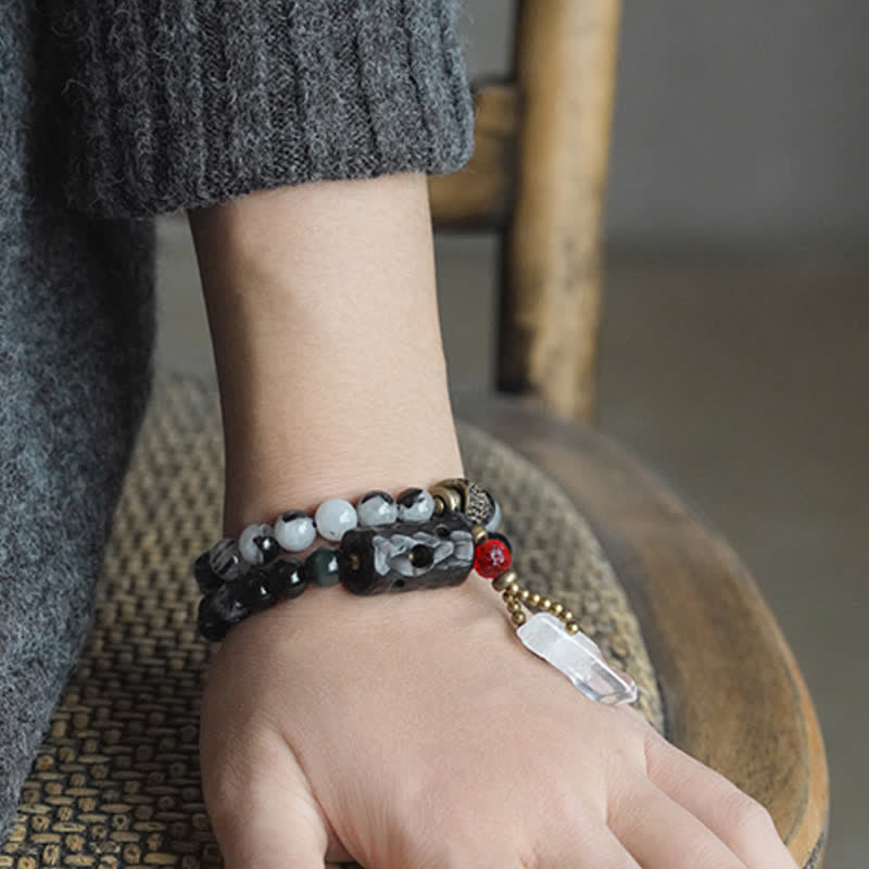 Bracelet Couple Succès en Bois d'Ébène et Quartz Rutile Noir et Cristal Blanc