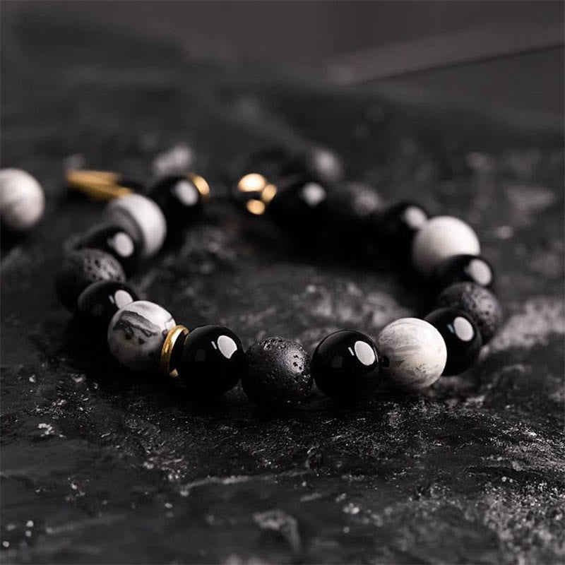 Bracelet de force Yin Yang en pierre de lave en obsidienne noire Buddha Stones