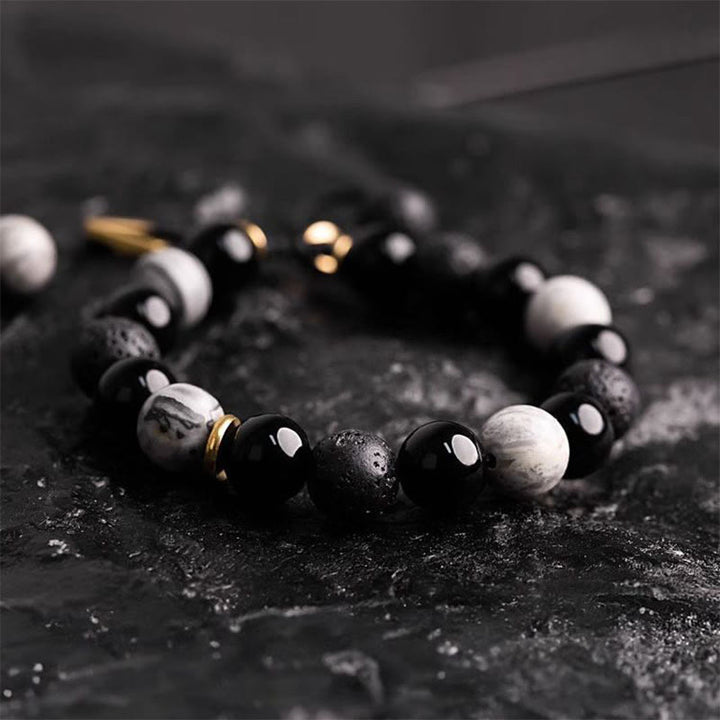 Bracelet de force Yin Yang en pierre de lave en obsidienne noire Buddha Stones